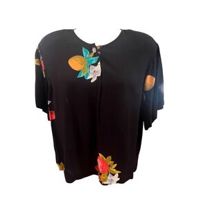Carole Little Vtg 90s Fruit Print Rayon Gauze Blouse Black Retro Art Boho 12P US